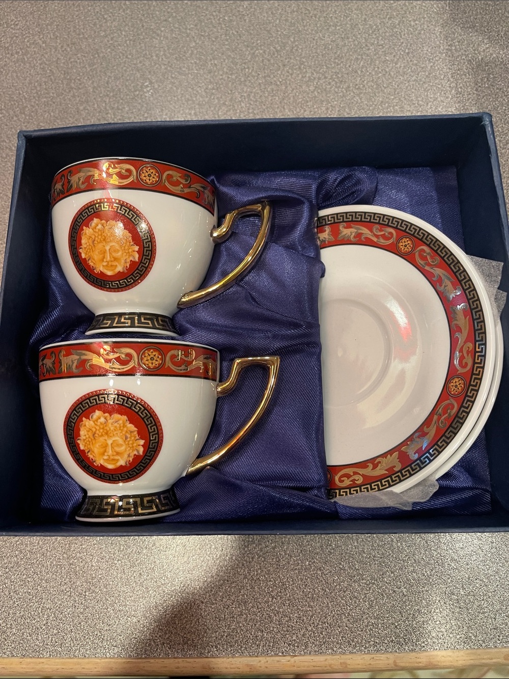 Limoges White Porcelain Tea Cups and Saucers with Red and Gold Medallion Trim